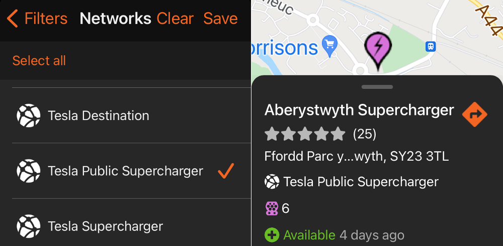 search for tesla public supercharger sites on Zapmap