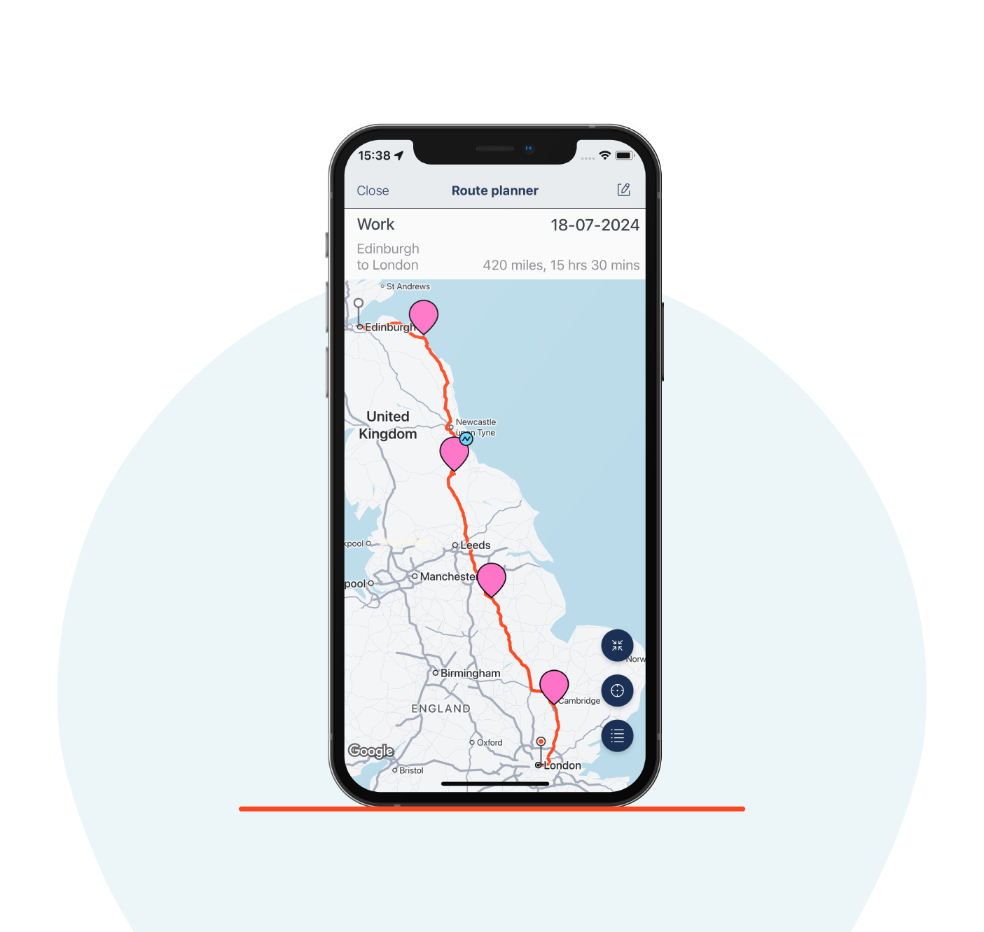 A phone displaying the Zapmap app, showing a route from London to Edinburgh with multiple charging stops along the way