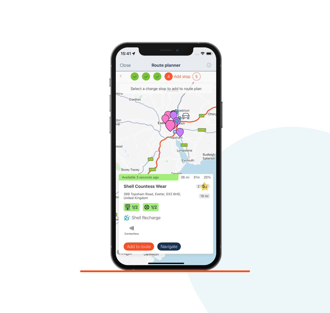 A phone displaying the Zapmap app, adding a charging stop to the planned route