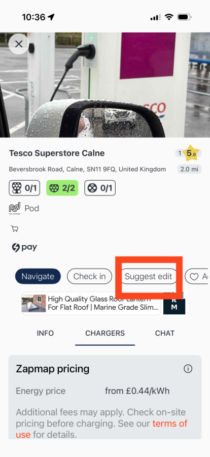 Suggest update to existing charge point - Zapmap app