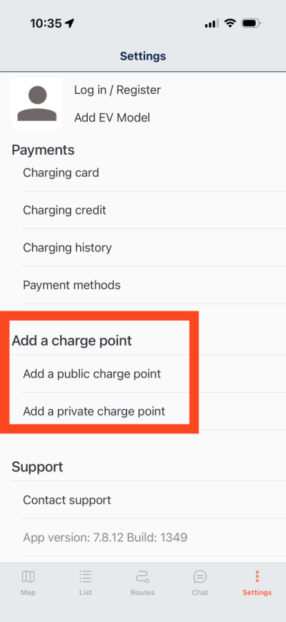 Add a charge point on the Zapmap app - settings menu