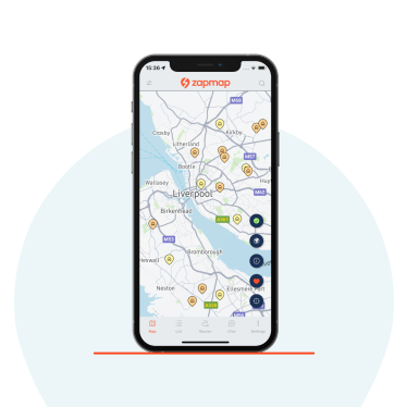 A phone displaying the home chargers on the Zapmap app