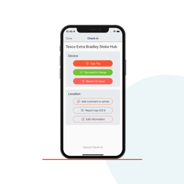 A phone displaying the Zapmap app, showing an option to rate your charging experience 