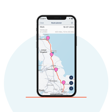 A phone displaying the Zapmap app, showing a route from London to Edinburgh with multiple charging stops along the way