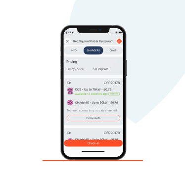 A phone displaying the Zapmap app, showing live charger status'