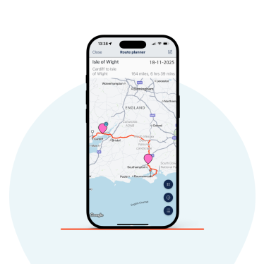 The Zapmap app showing a route plan from Cardiff to the Isle of Wight