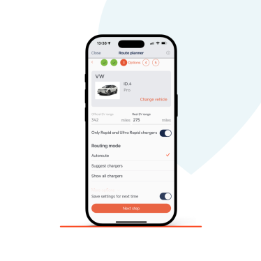 The Zapmap app showing route plan settings, including the car model, EV range and routing mode