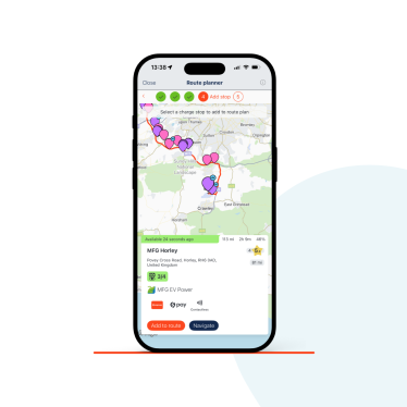 The Zapmap app displaying adding a charge point stop to a route plan 