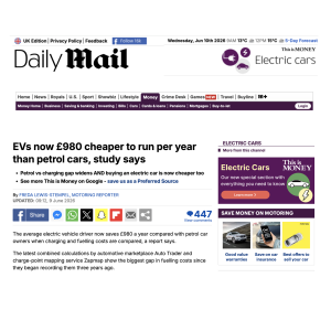 Daily Mail EVs now £980 cheaper to run per year than petrol cars