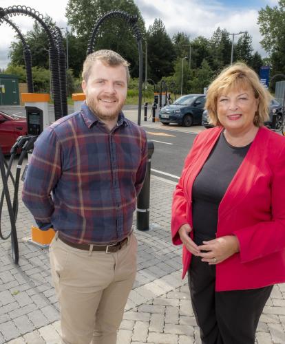 Transport Secretary Fiona Hyslop and Osprey Operations Director Lewis Gardiner at Osprey's new super-fast EV charging hub in Paisley