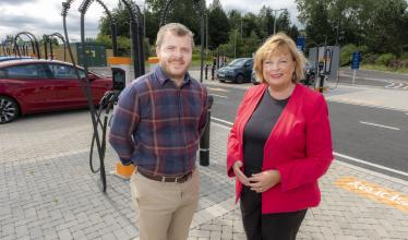 Transport Secretary Fiona Hyslop and Osprey Operations Director Lewis Gardiner at Osprey's new super-fast EV charging hub in Paisley